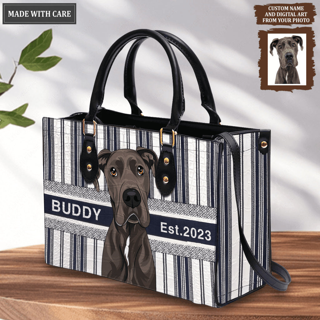 Dark Blue White Lines Pattern Pet Digital Painting Portrait - Personalized Custom Leather Bag