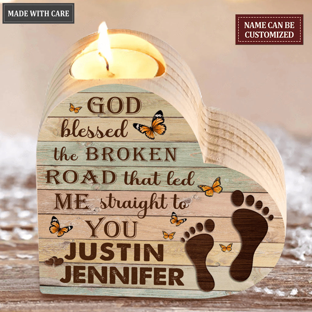 Vintage Wooden Butterfly Couple Footprint God Blessed Personalized Candle Holder