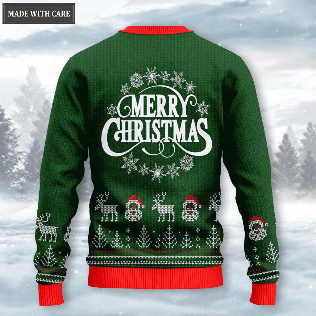 Merry Christmas Santa Reindeer Wool Knitted Pattern Ugly Sweater
