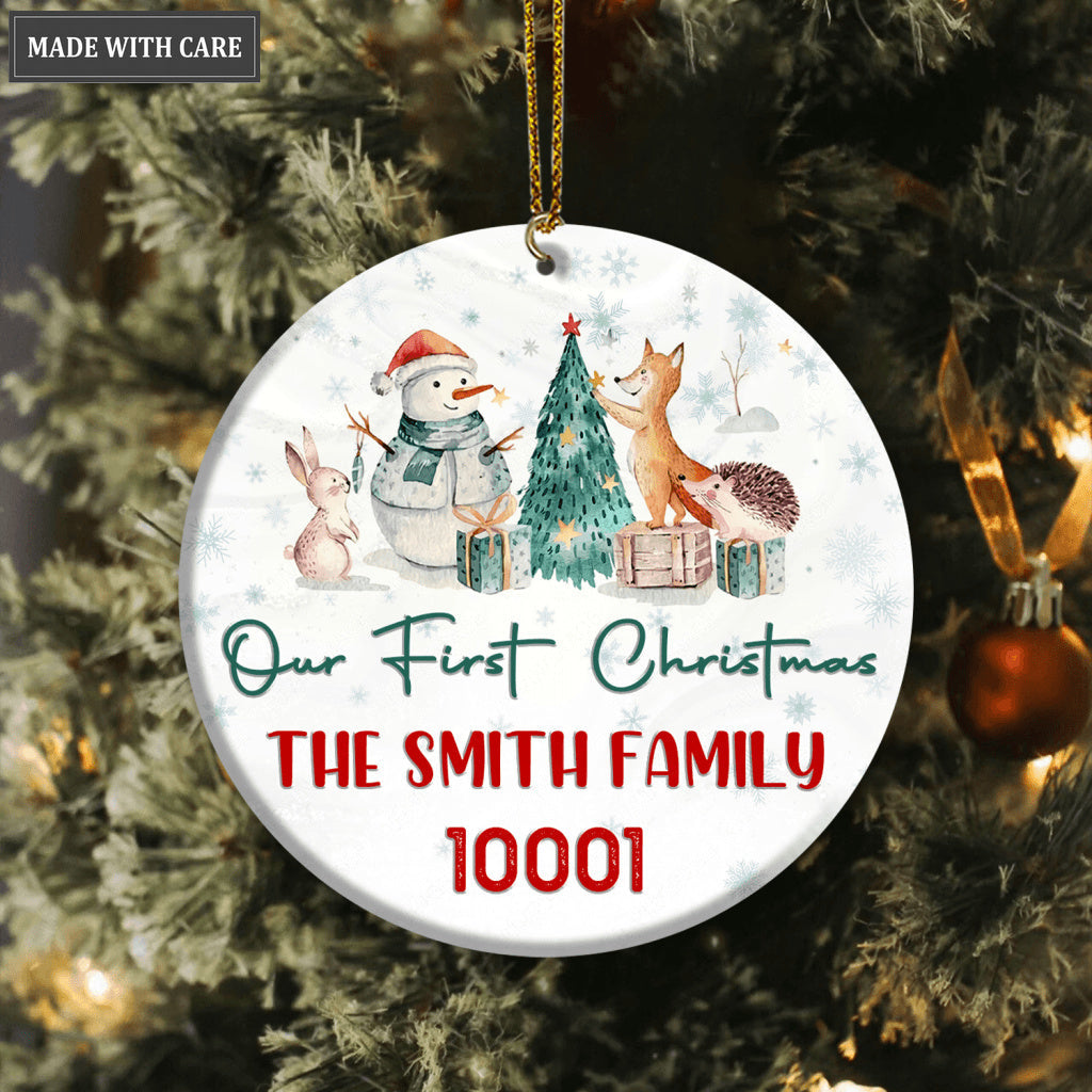 Snowman And Little Animal Our First Christmas Family Name And Zip Code Personalized Ornament