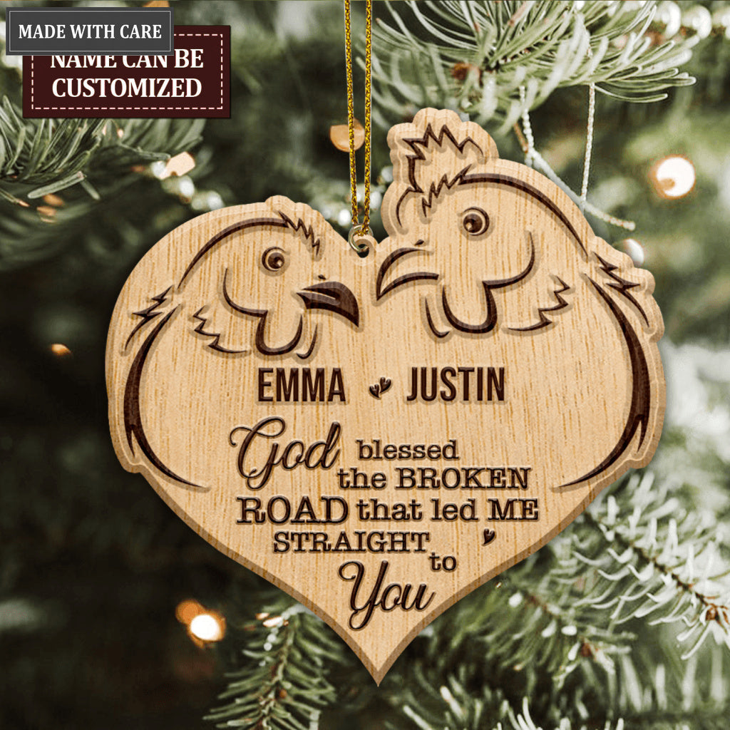 Heart Rooster And Hen God Blessed Personalized Wood Engraved Ornaments