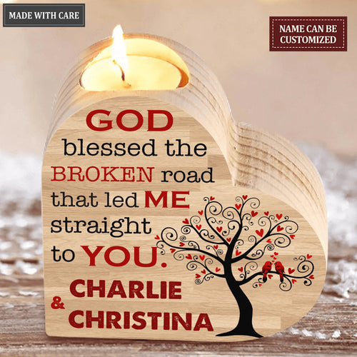 Couple Red Bird On Tree God Blessed Personalized Candle Holder