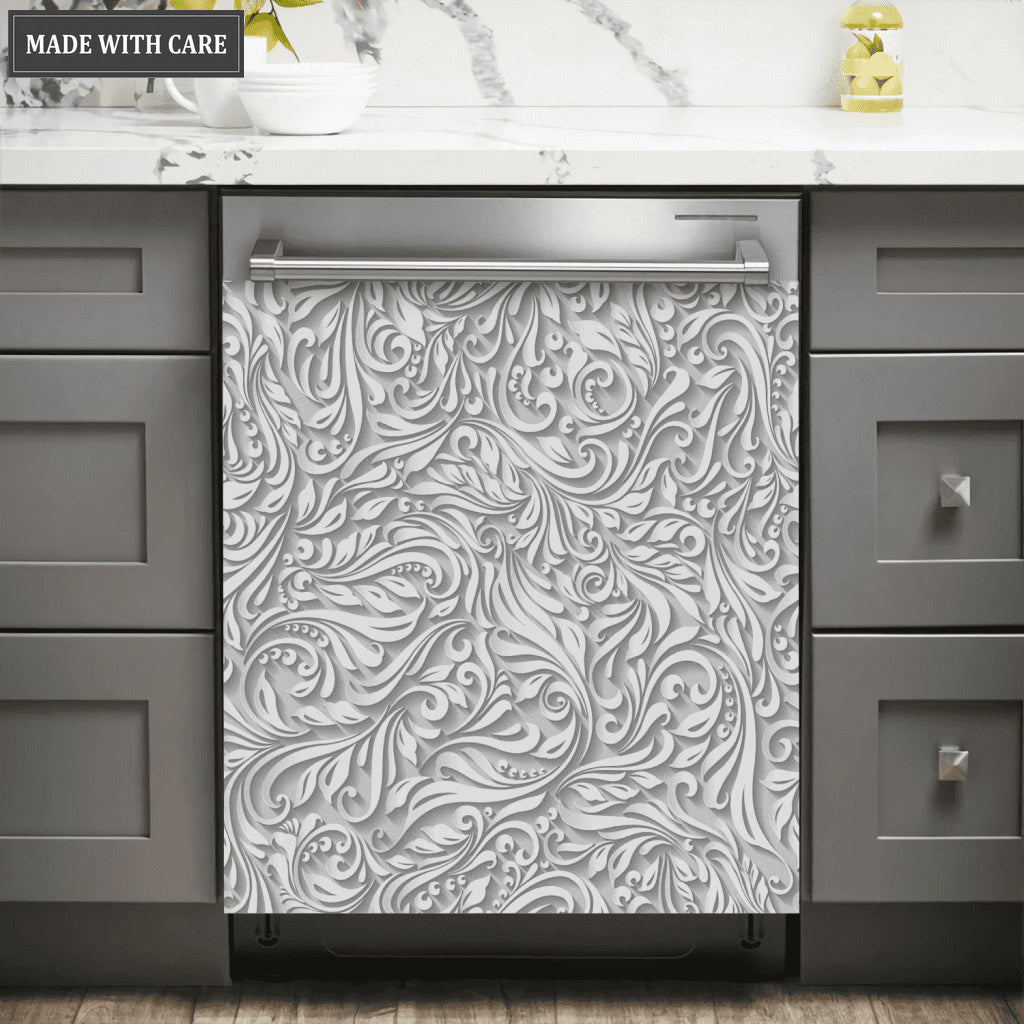 Kitchen Dishwasher Magnet Cover Beautiful Grey Vintage Floral Engraved Design