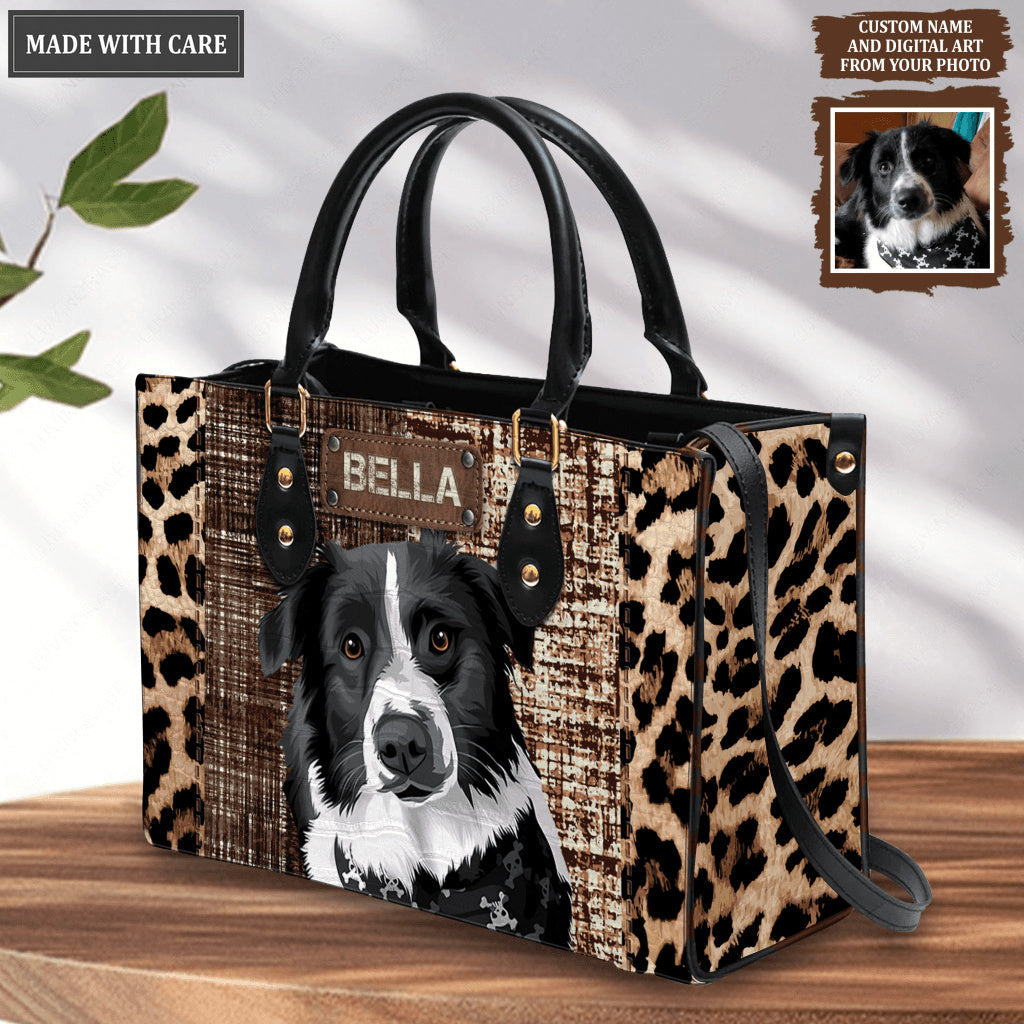 Vintage Fabric Mix Cheetah Pattern Pet Digital Painting Portrait - Personalized Custom Leather Bag