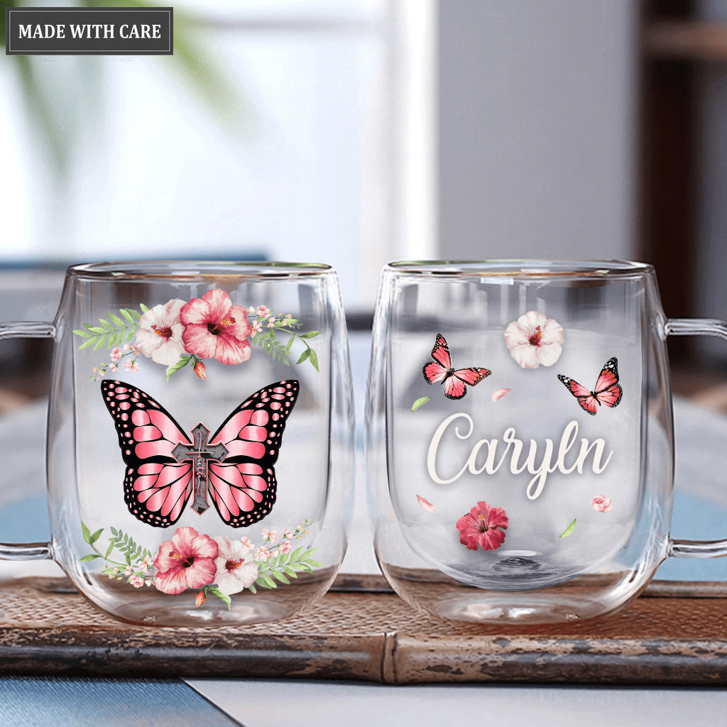 Personalized Hibiscus Butterfly Faith Doubled-Wall Glass Mug