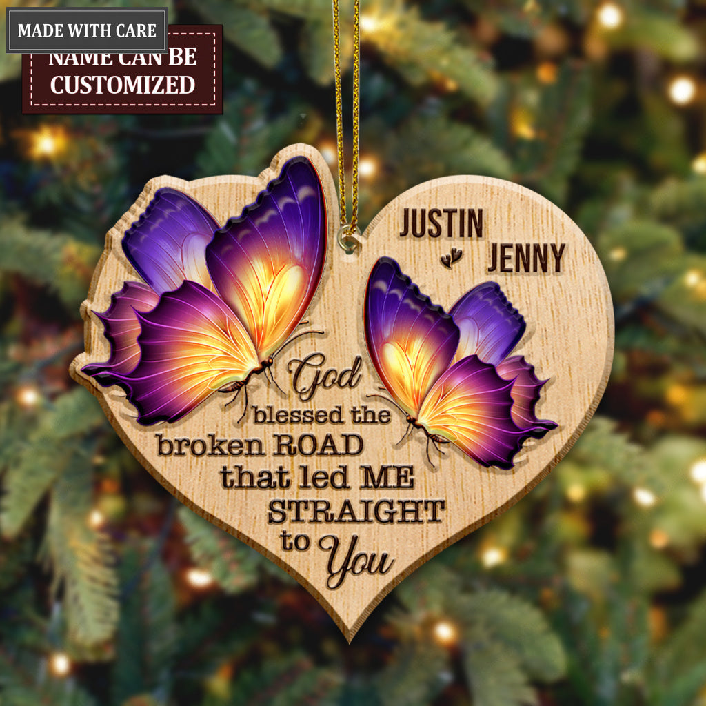 Heart Butterfly Couple God Blessed Personalized Wood Engraved Ornaments