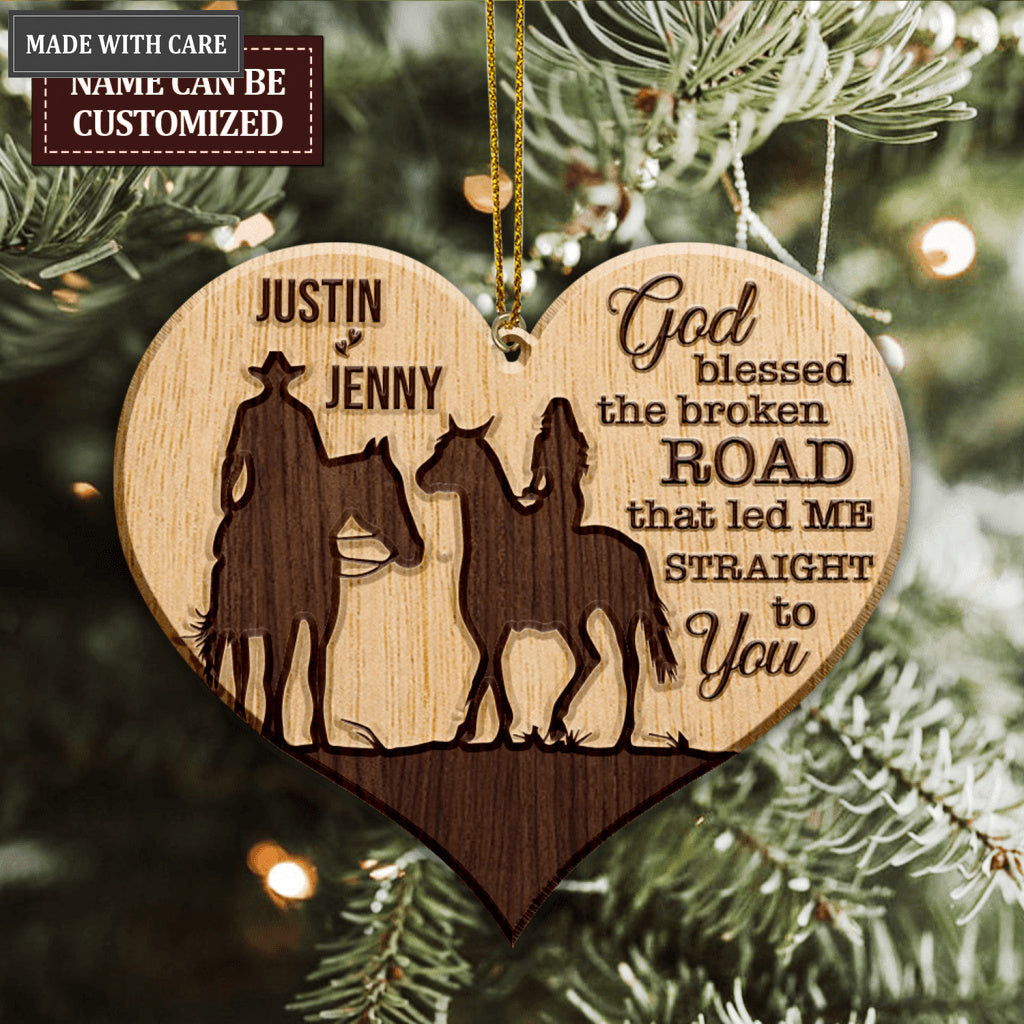 Heart Cowboy And Cowgirl God Blessed Personalized Wood Engraved Ornaments