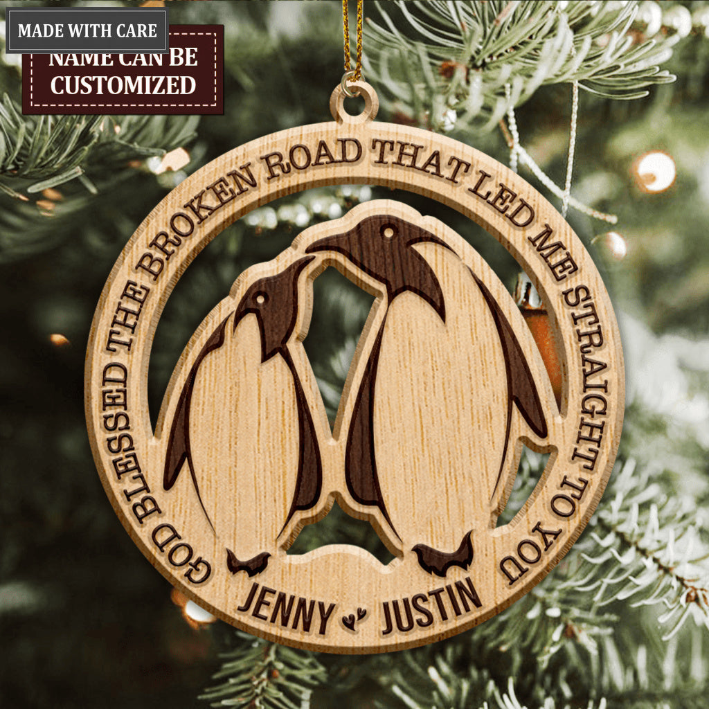 Penguin Couple God Blessed Personalized Wood Engraved Ornaments