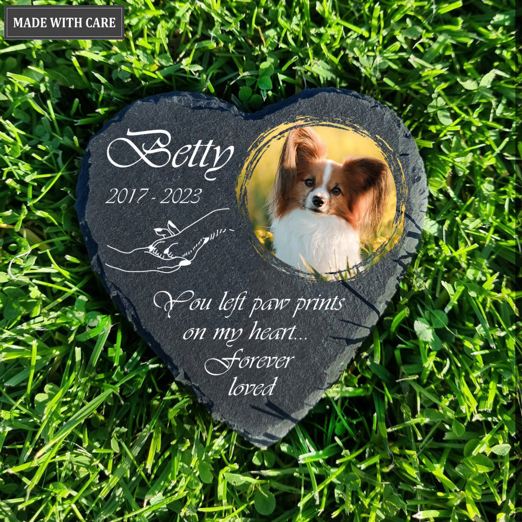 Holding Hand Dog Photo You Left Paw Prints On My Heart Custom Dog Memorial Stone, Pet Memorial Gifts - Personalized Custom Memorial Tomstone