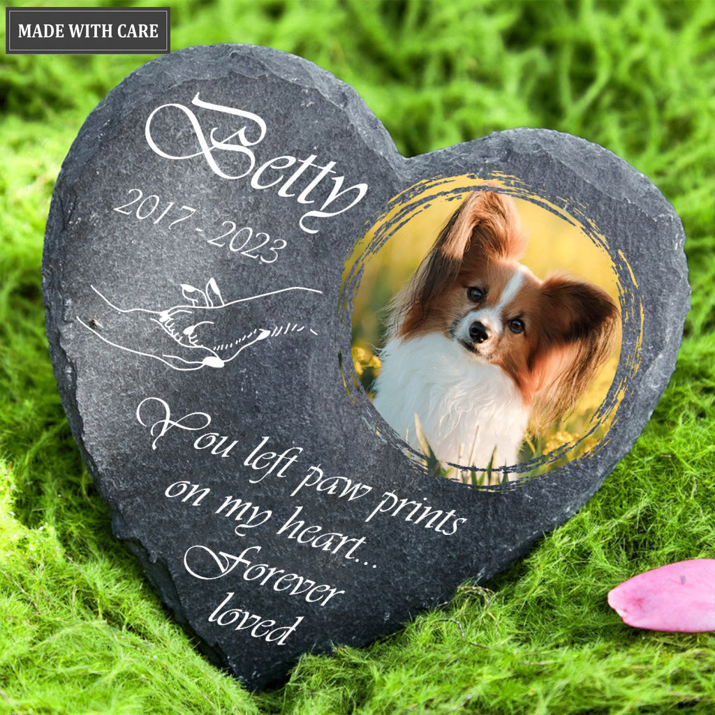 Holding Hand Dog Photo You Left Paw Prints On My Heart Custom Dog Memorial Stone, Pet Memorial Gifts - Personalized Custom Memorial Tomstone