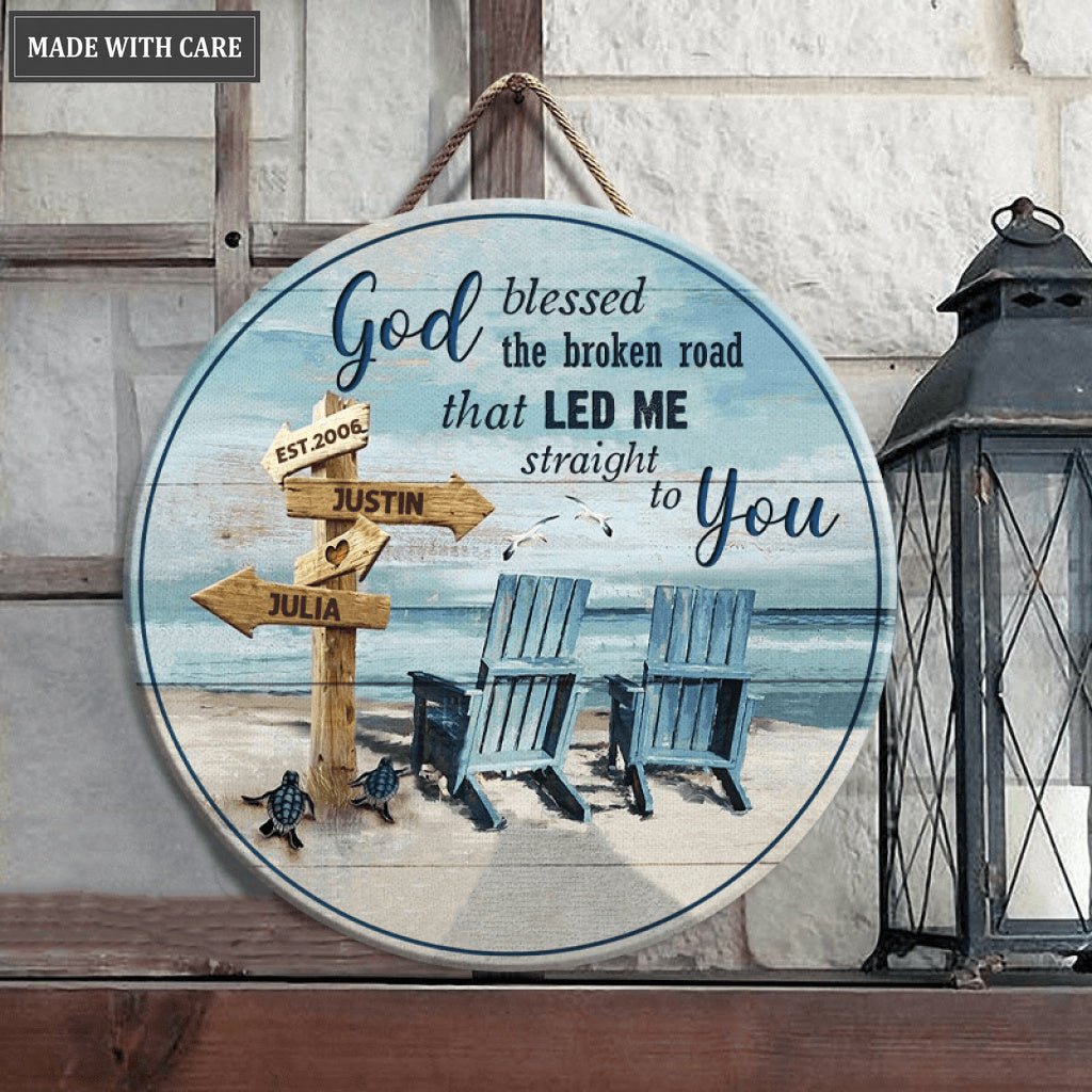 Personalized God Blessed Couple Chairs Wood Circle Sign