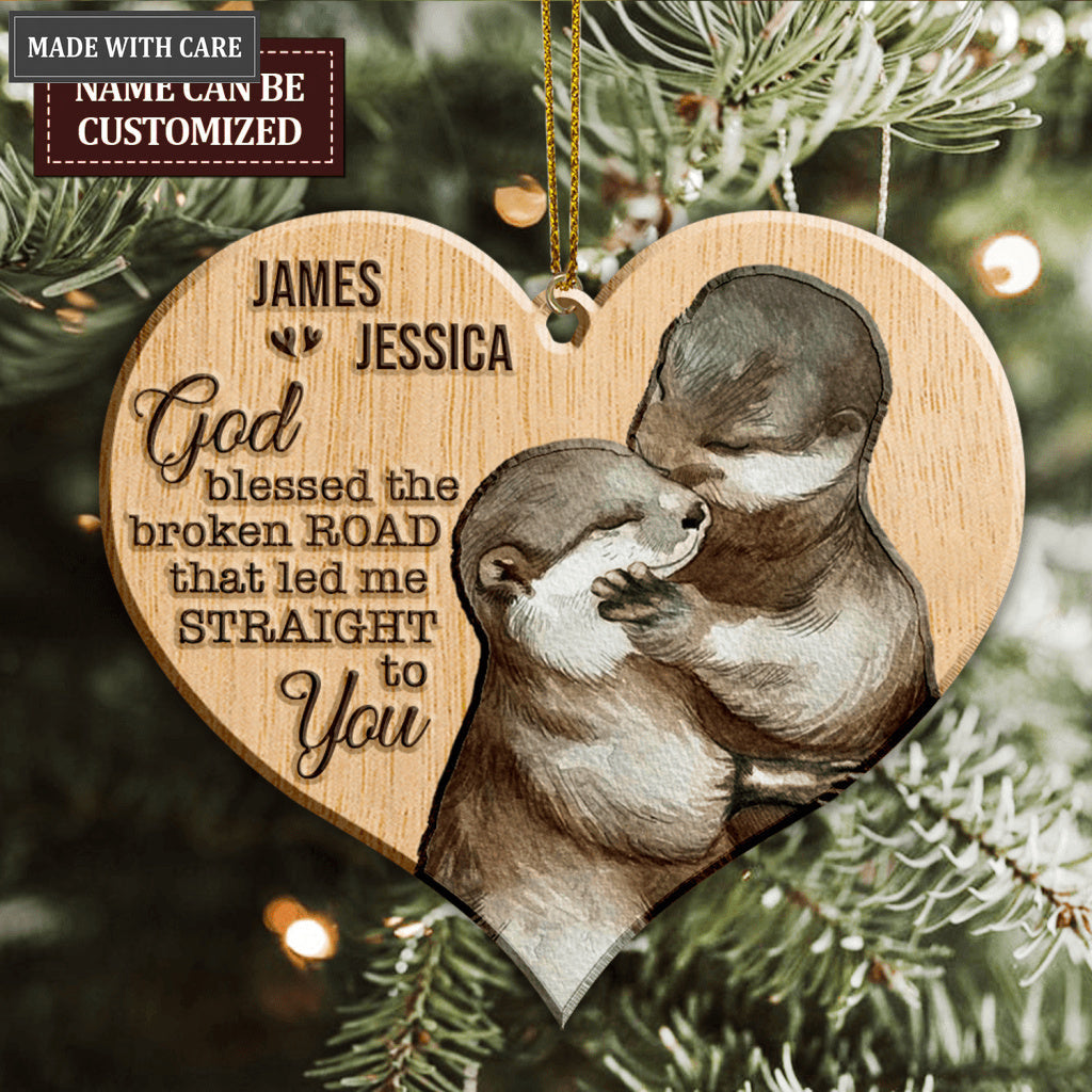 Cuddling Otter Couple God Blessed Personalized Wood Engraved Ornaments