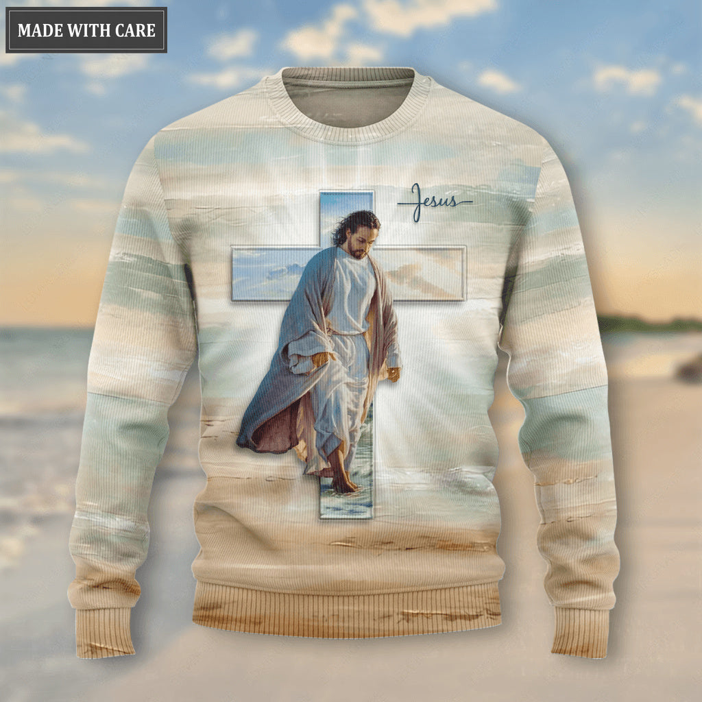 Jesus Christ Walk On Beach Walk By Faith Not By Sight Wool Sweatshirt