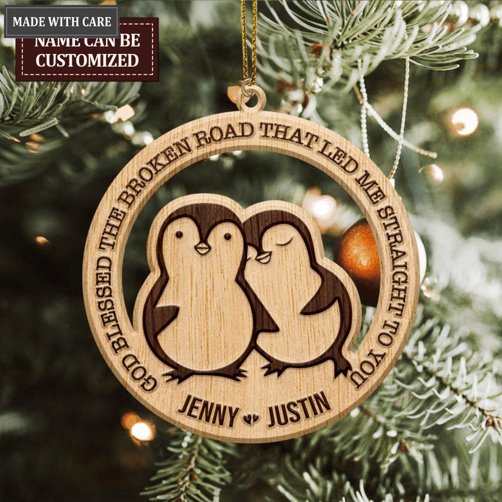 Penguin Couple God Blessed Personalized Wood Engraved Ornaments