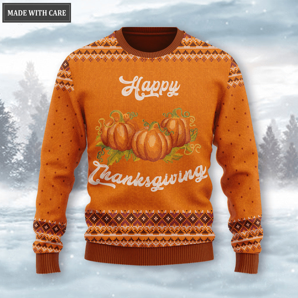 Happy Thanksgiving Pumpkin Wool Knitted Pattern Ugly Sweater