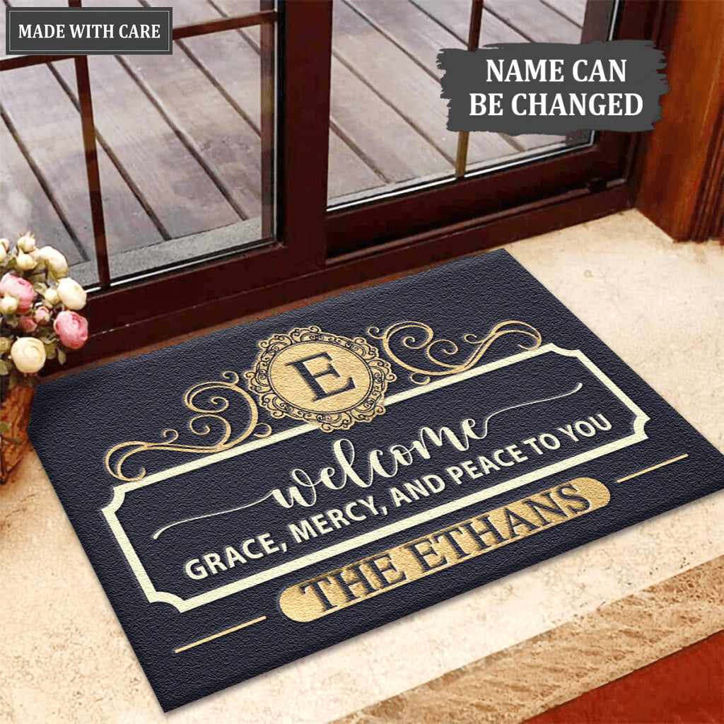 Personalized Welcome Grace Mercy And Peace Elegant Family Home Doormat