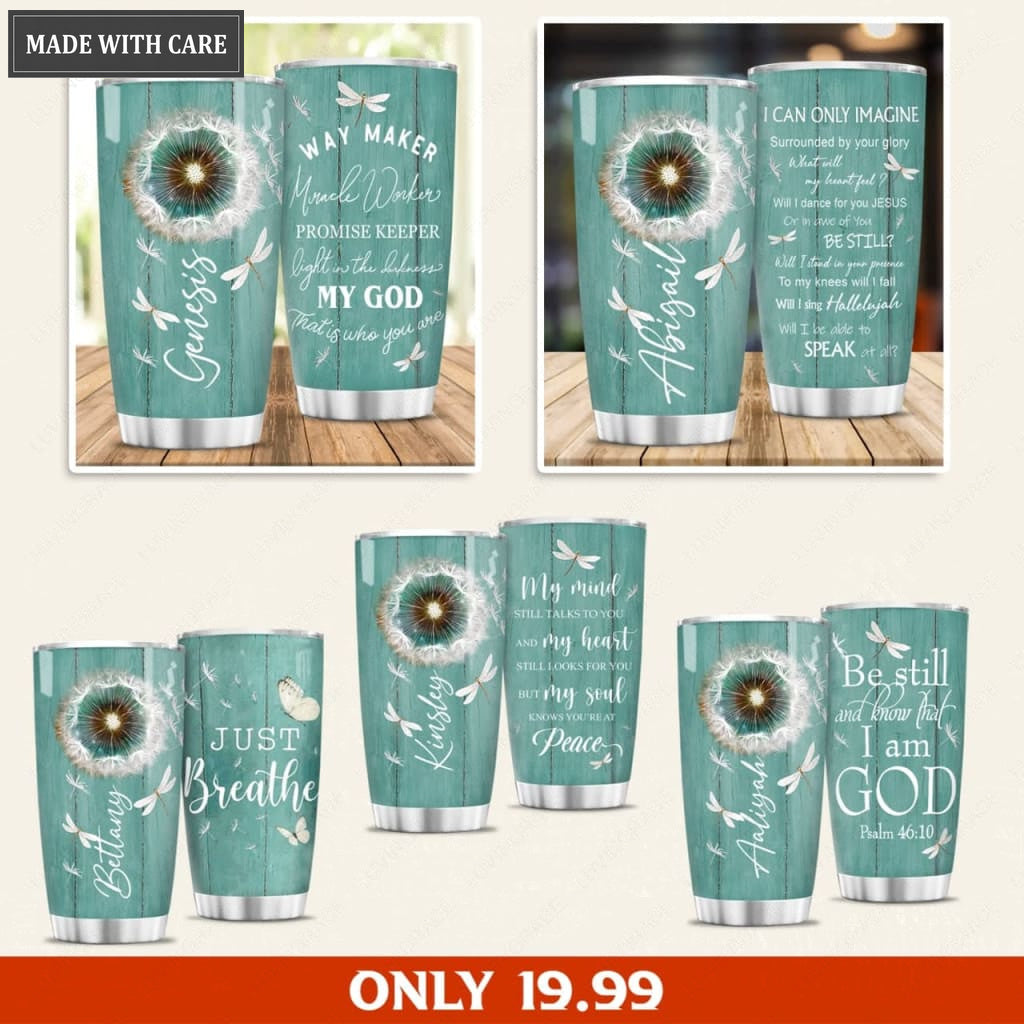 Personalized Turquoise Wood & Dandelion In White Tumbler