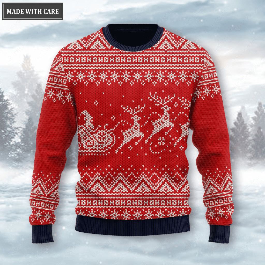 Red Christmas Santa Reindeer Wool Knitted Pattern Ugly Sweater