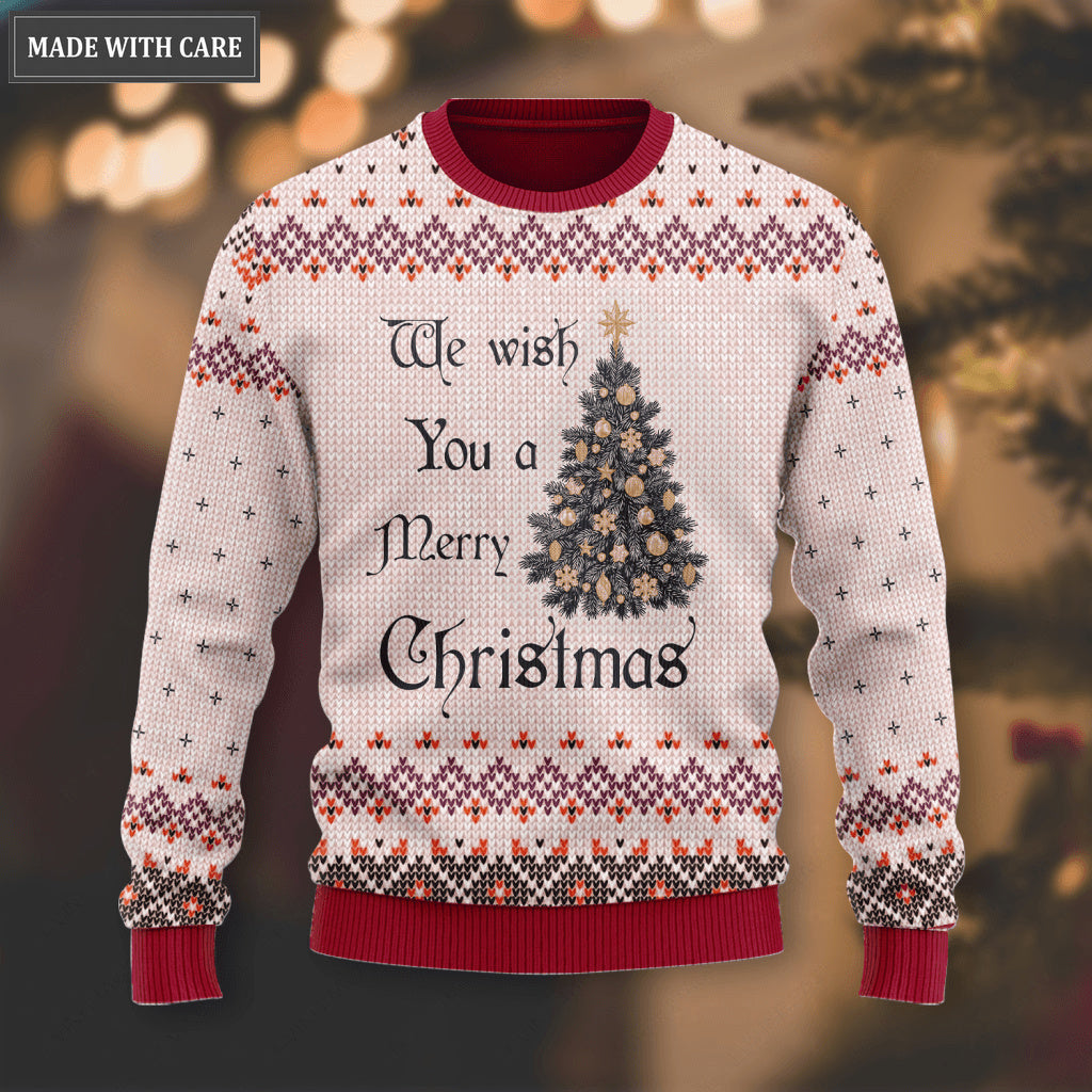 Vintage Christmas Pine Wool Knitted Pattern Wish You A Merry Christmas Ugly Sweater