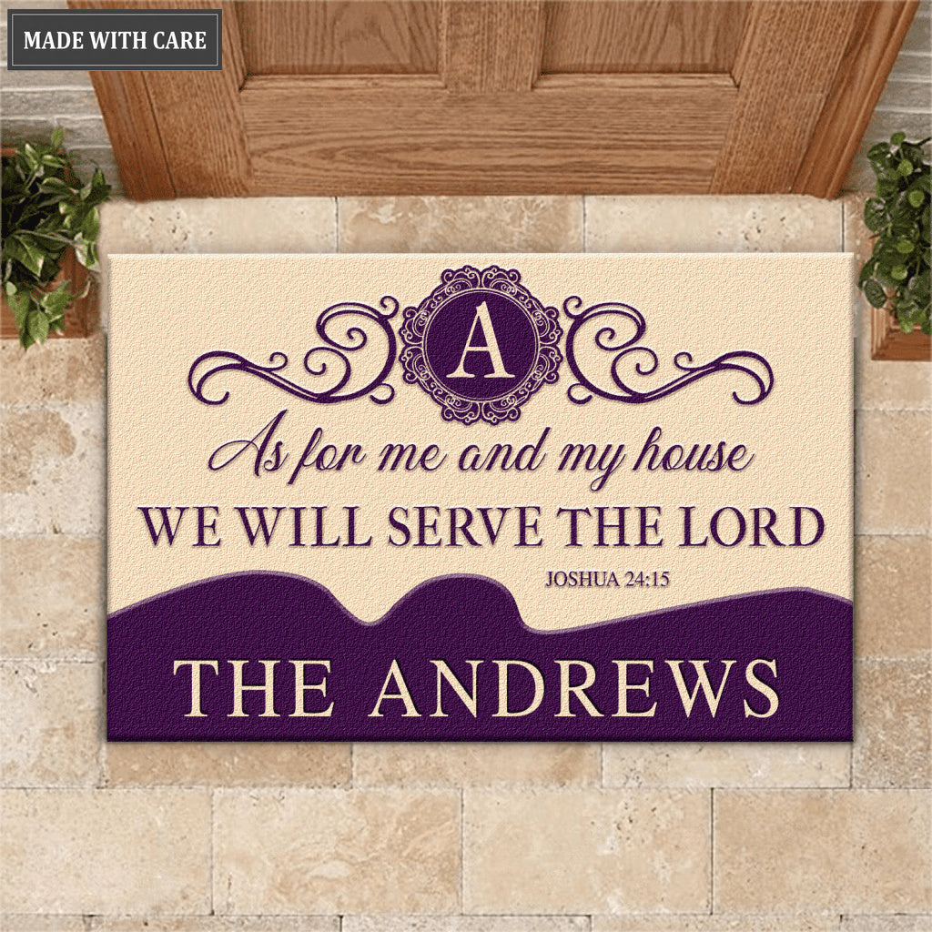 We Will Serve The Lord Purple And Tan Personalized Doormat