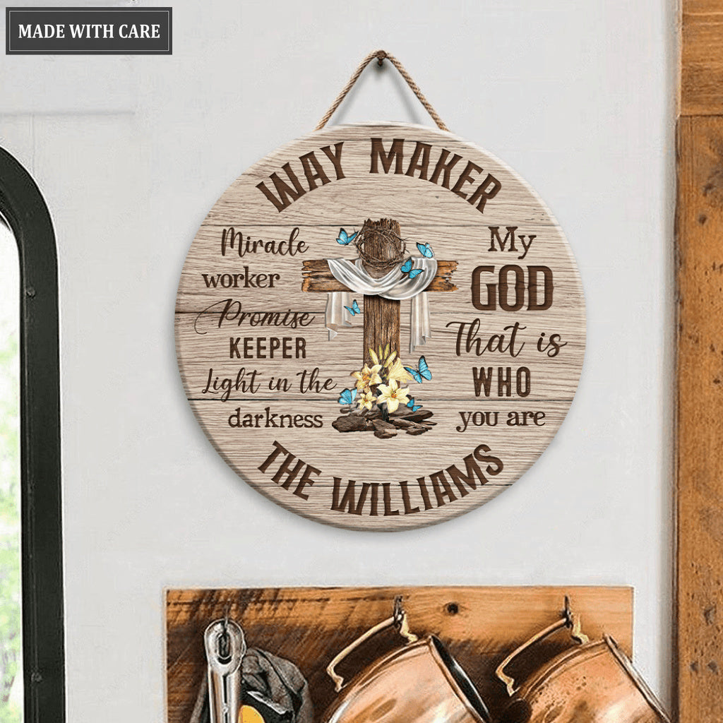 Personalized Cross With Blue Butterflies Way Maker Wood Circle Sign