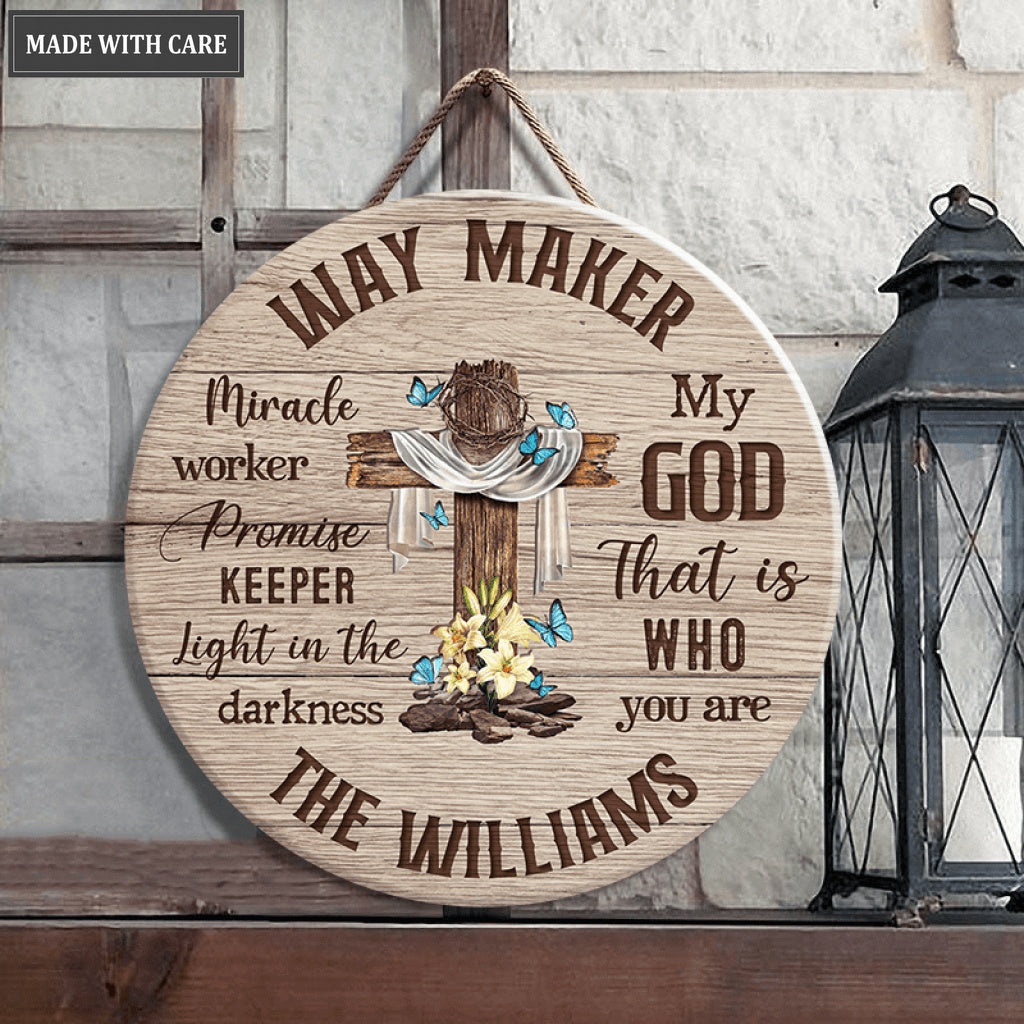 Personalized Cross With Blue Butterflies Way Maker Wood Circle Sign