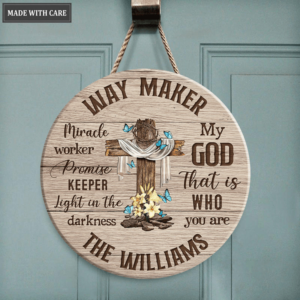 Personalized Cross With Blue Butterflies Way Maker Wood Circle Sign