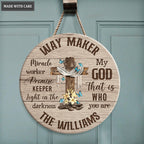 Personalized Cross With Blue Butterflies Way Maker Wood Circle Sign
