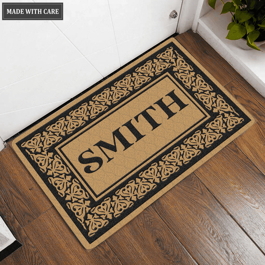 Black Blooming Hearts Bordered Personalized Family Name Doormat