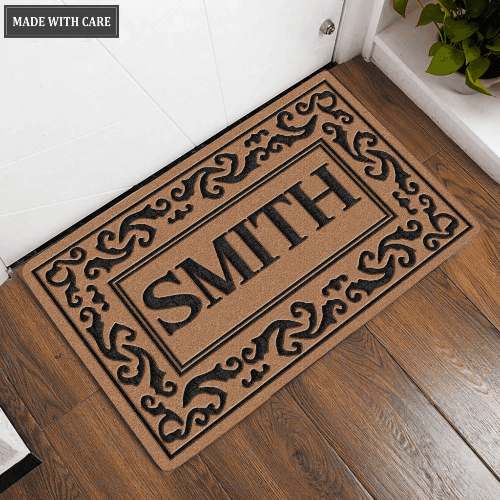 Black Rolling Scrolls Bordered Personalized Family Name Doormat