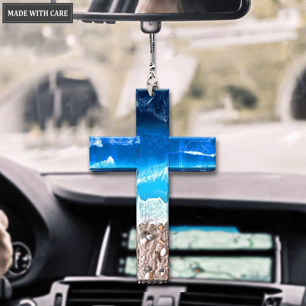 Large Beach Scene Cross Car Hanging Ornament