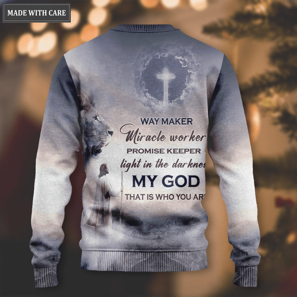 Blue Lion Christ Jesus Cross Way Maker Miracle Worker Wool Sweatshirt