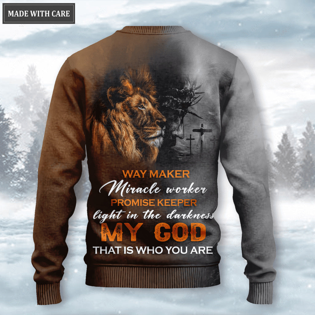 Brown Grey Lion Jesus Cross Way Maker Miracle Worker Wool Sweatshirt