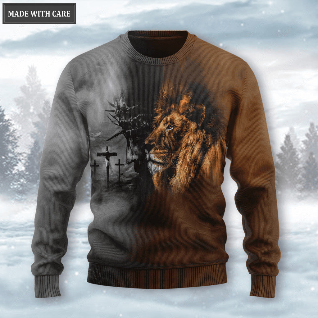 Brown Grey Lion Jesus Cross Way Maker Miracle Worker Wool Sweatshirt