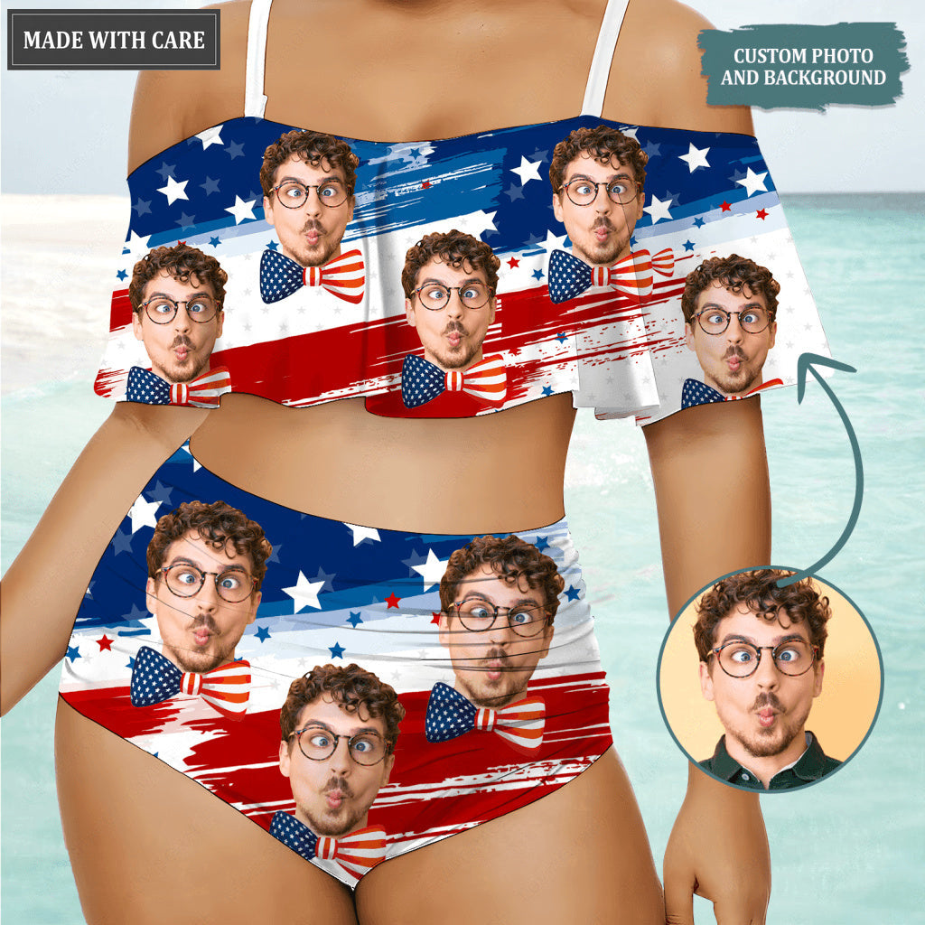 Funny Special USA Flag Pattern Custom Face Photo Bikini Swimsuit