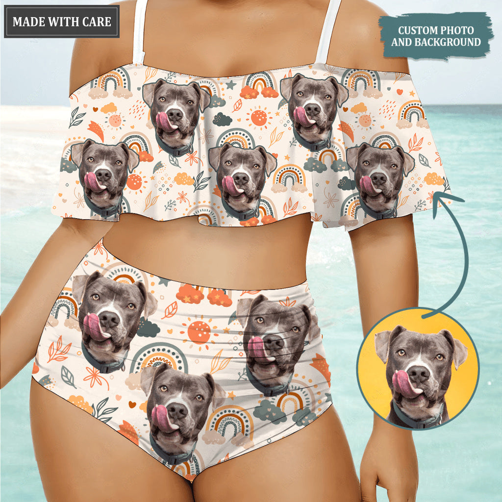Special Boho Rainbow Pattern Custom Face Photo Bikini Swimsuit