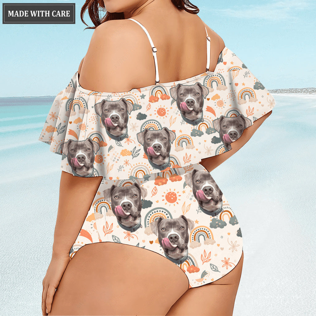 Special Boho Rainbow Pattern Custom Face Photo Bikini Swimsuit