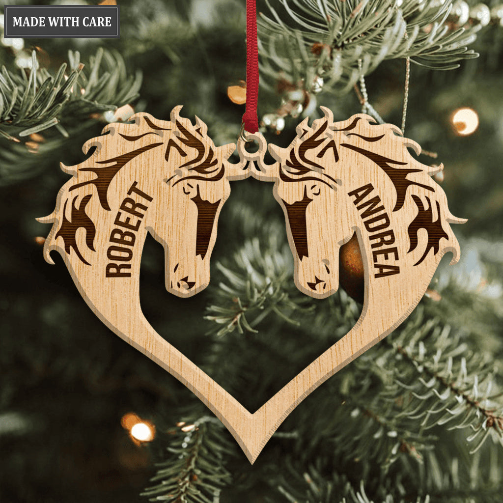 Heart Couple Horse Wood Engraved Ornaments