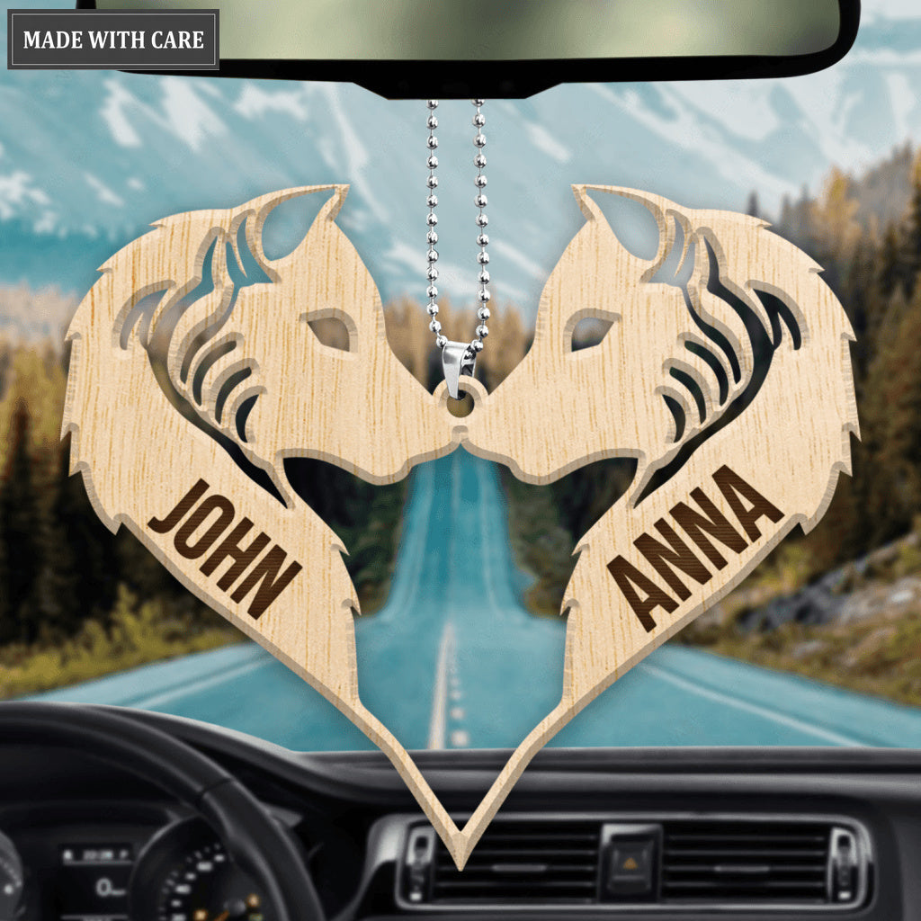 Wolf Couple Heart Personalized Wood Engraved Ornaments