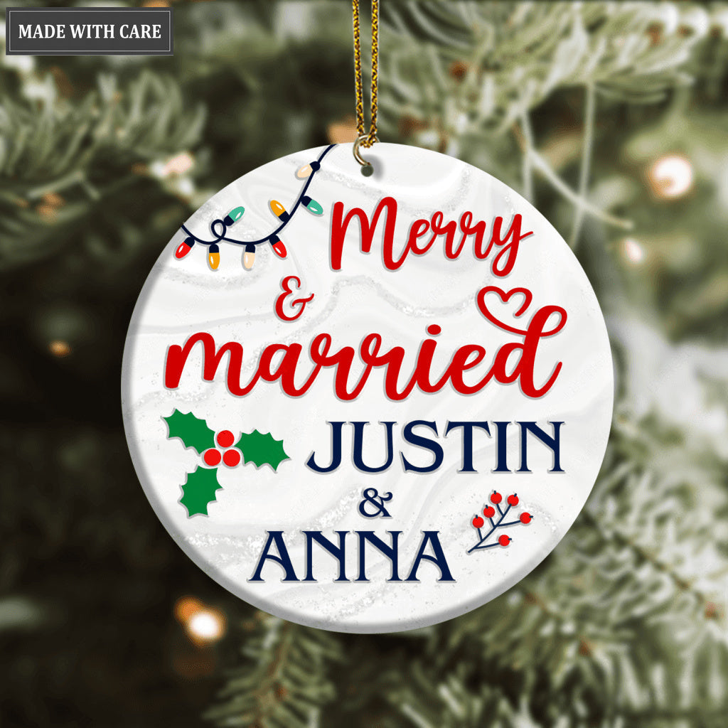 Christmas Light Floral Merry And Married Couple Personalized Ornament