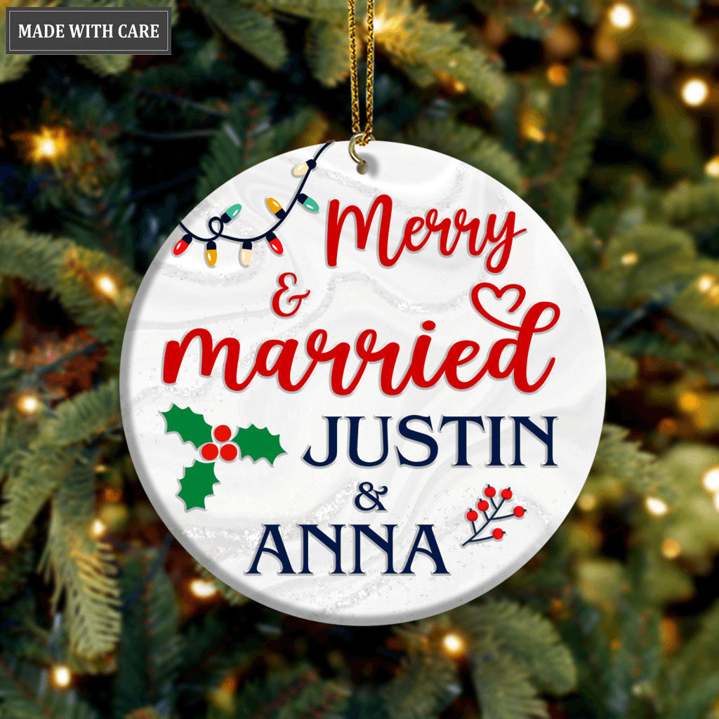 Christmas Light Floral Merry And Married Couple Personalized Ornament