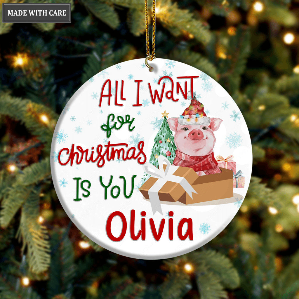 Little Baby Pig In Gift Box All I Want For Christmas Is You Personalized Ornament