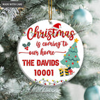 Pine And Lights Christmas Is Coming To Our Home Family Name And Zip Code Personalized Ornament