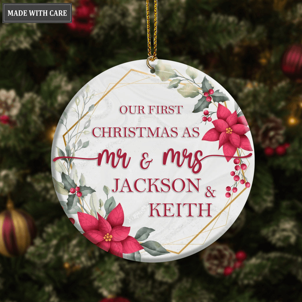 Poinsettia Floral Golden Frame Our First Christmas Couple Personalized Ornament