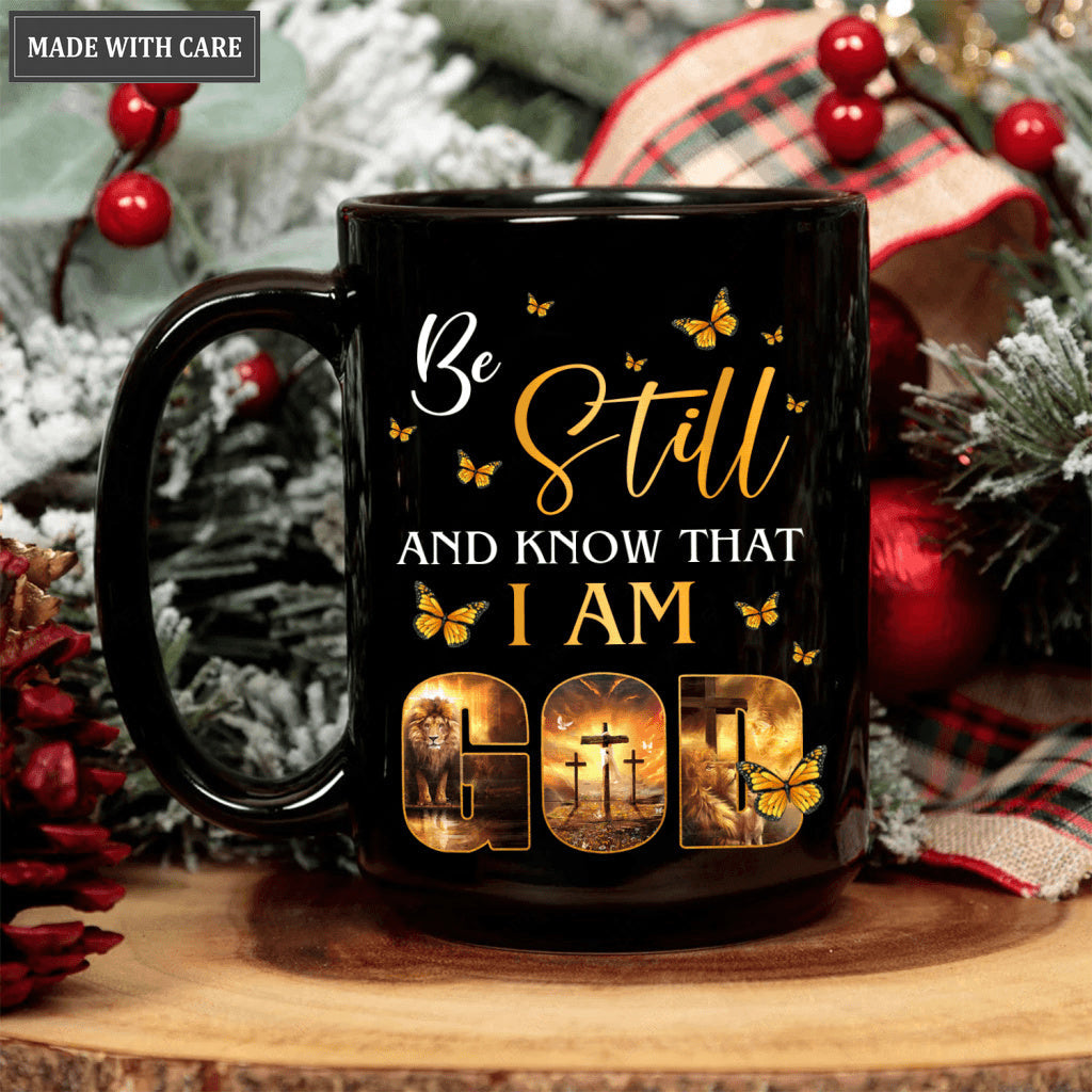 Butterfly Lion Cross Be Still And Know That I Am God Black Mug