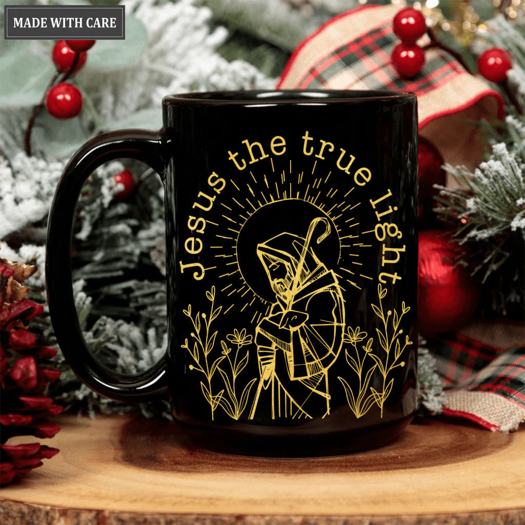 Golden Vintage Flower Christian The True Light Black Mug
