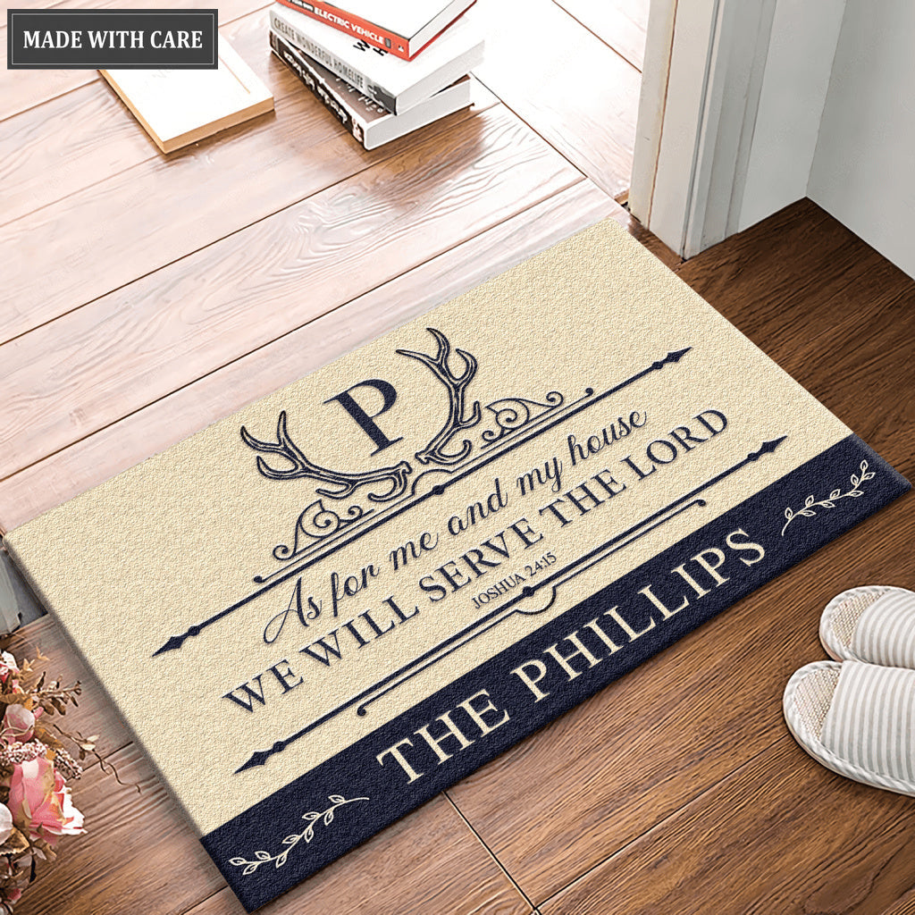 Vintage Antler Monogram Serve The Lord Personalized Doormat