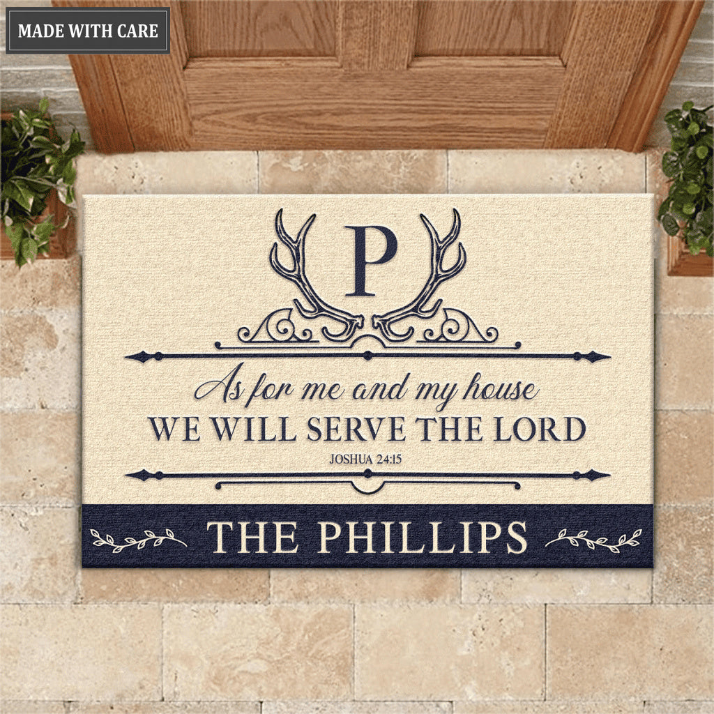 Vintage Antler Monogram Serve The Lord Personalized Doormat