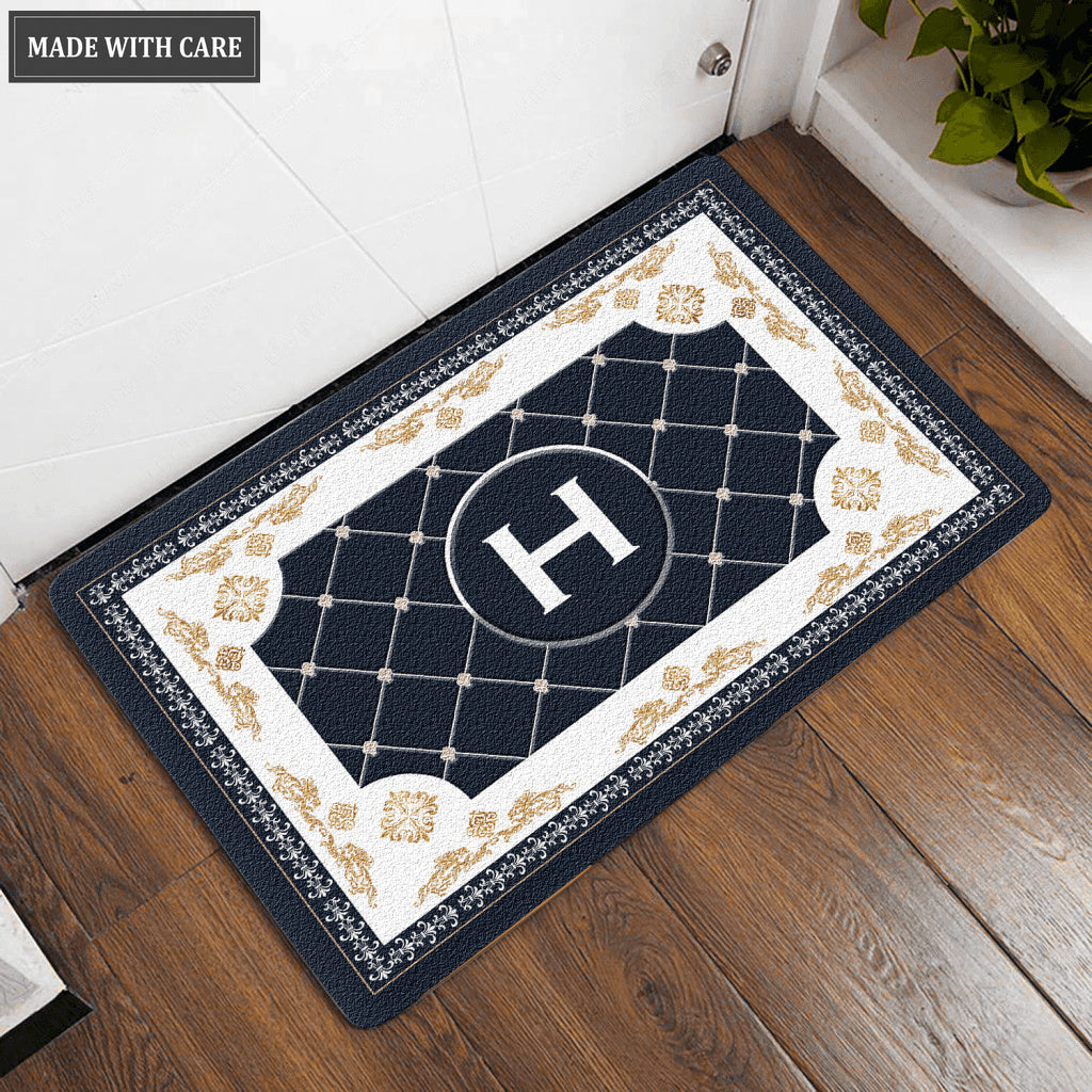 Blue Royal Brocade Pattern Personalized Door Mat