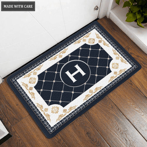 Blue Royal Brocade Pattern Personalized Door Mat